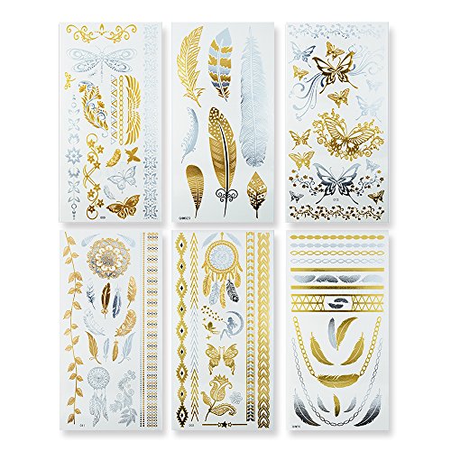 Flash Metallic Temporary Tattoos,KINGHORSE 6 Sheets with 80+ Flash Fake Tattoo in Gold & Silver Glitter Shimmer Designs,Jewelry Tattoos Included Flower,Leaf,Butterflies,Dreamcatcher for Women