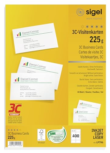 SIGEL LP796 bedruckbare Visitenkarten 3C, 400 Stück (40 Blatt), hochweiß, glatter Schnitt rundum, 225 g, 85x55 mm