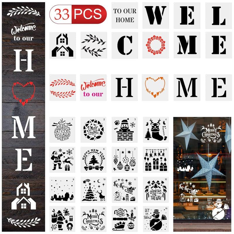 Devasya Crafts 33 Pieces Welcome Stencil, Welcome Reusable Template, Home Sign Stencils Templates, Christmas Stencils Templates for Painting on Wood, Porch Signs Front Door Decorations