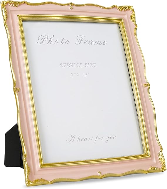 Pink 8x10 Picture Frame Vintage Frame, Ornate Pink and Gold Picture Frame with Glass Front Handcrafted Resin Frames, Antique Textured Design for Tabletop & Wall Display