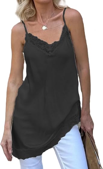 Women Lace Trim Satin Camisole Asymmetrical Cami Tank Top