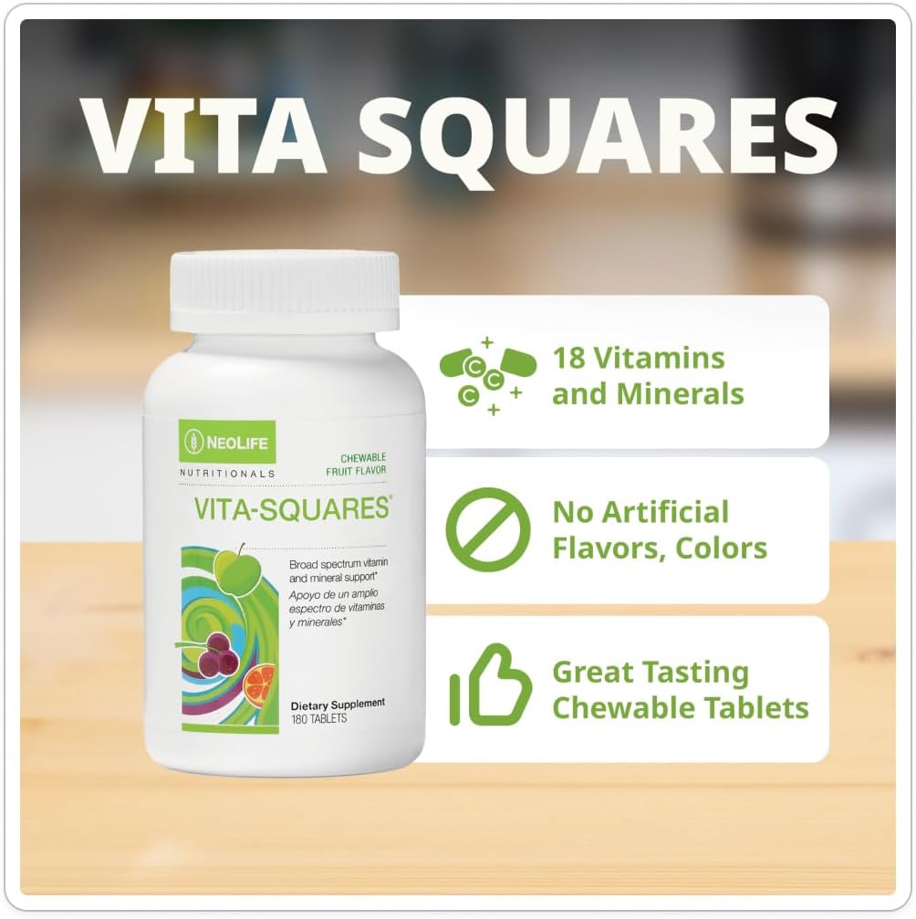 NeoLife Vita-Squares - Chewable Multivitamin for Kids, 18 Essential Vitamins & Minerals, Iron, Zinc, Vitamin D3, B-Complex, Vitamin for Kids MultiVitamin C & E, Berry-Citrus Flavor, 180 Tablets