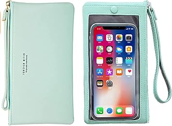 Aslana Women Faux Leather Long Wallet Wristlet Handbag with Touch Screen Clear Phone Window Mint