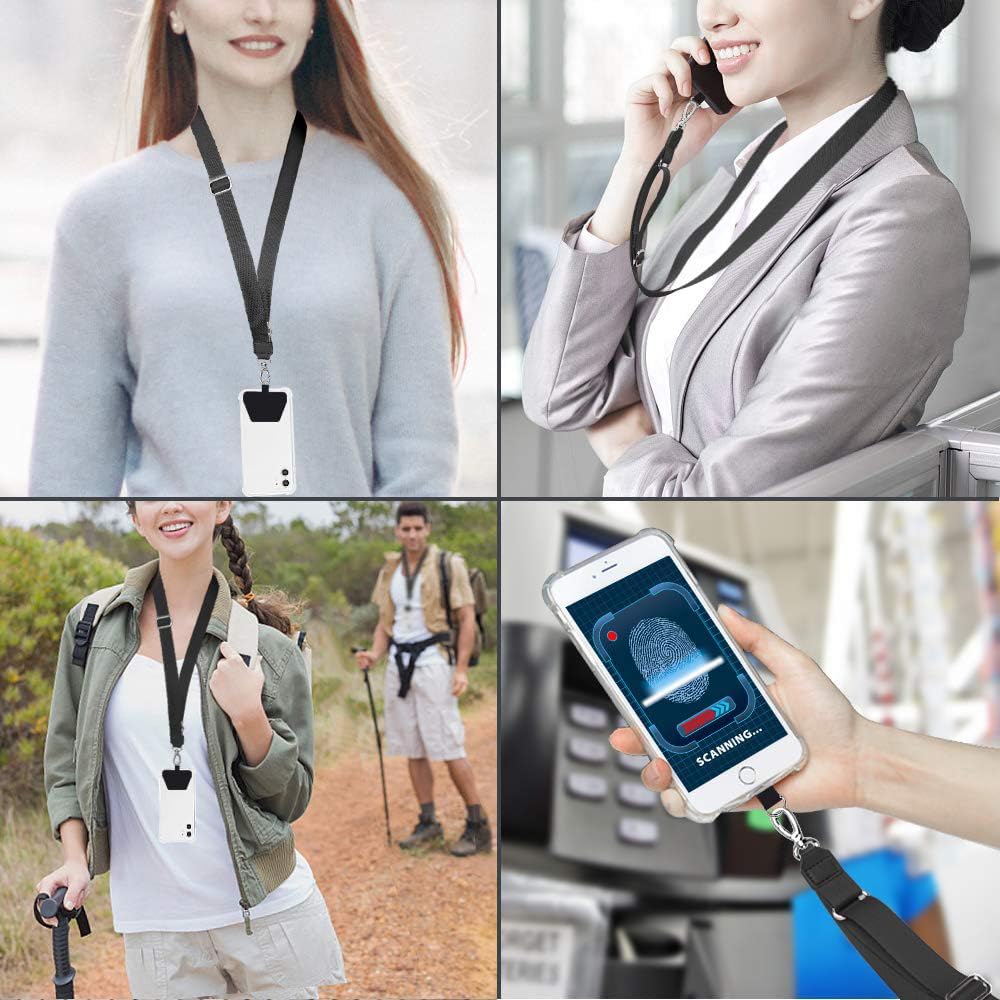SS Phone Lanyard, Adjustable Phone Neck Strap, 2× Phone Patches, Universal Multifuctional Cell Phone Lanyards Compatible with Most Smartphones, Black, 1 Pack