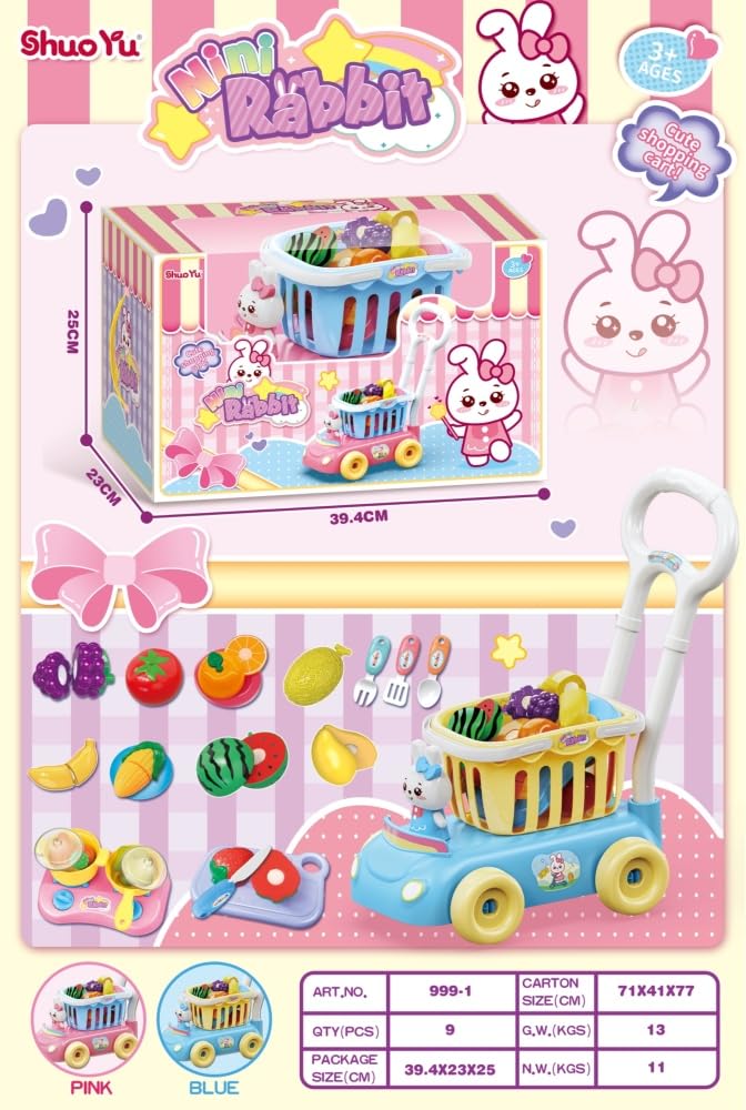 Shuo Yu Mini Rabbit Toy Cart with Cutting Fruits and Vegetables, 3+ Years, Pink and Blue
