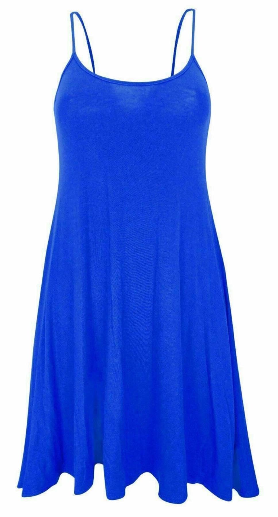 Riddled With Style Women's Royal Blue Flared Cami Swing Dress Sleeveless Strappy Neck Plain And Printed Camisole Top Strappy Swing Dress Casual Summer Beach Cami Dress