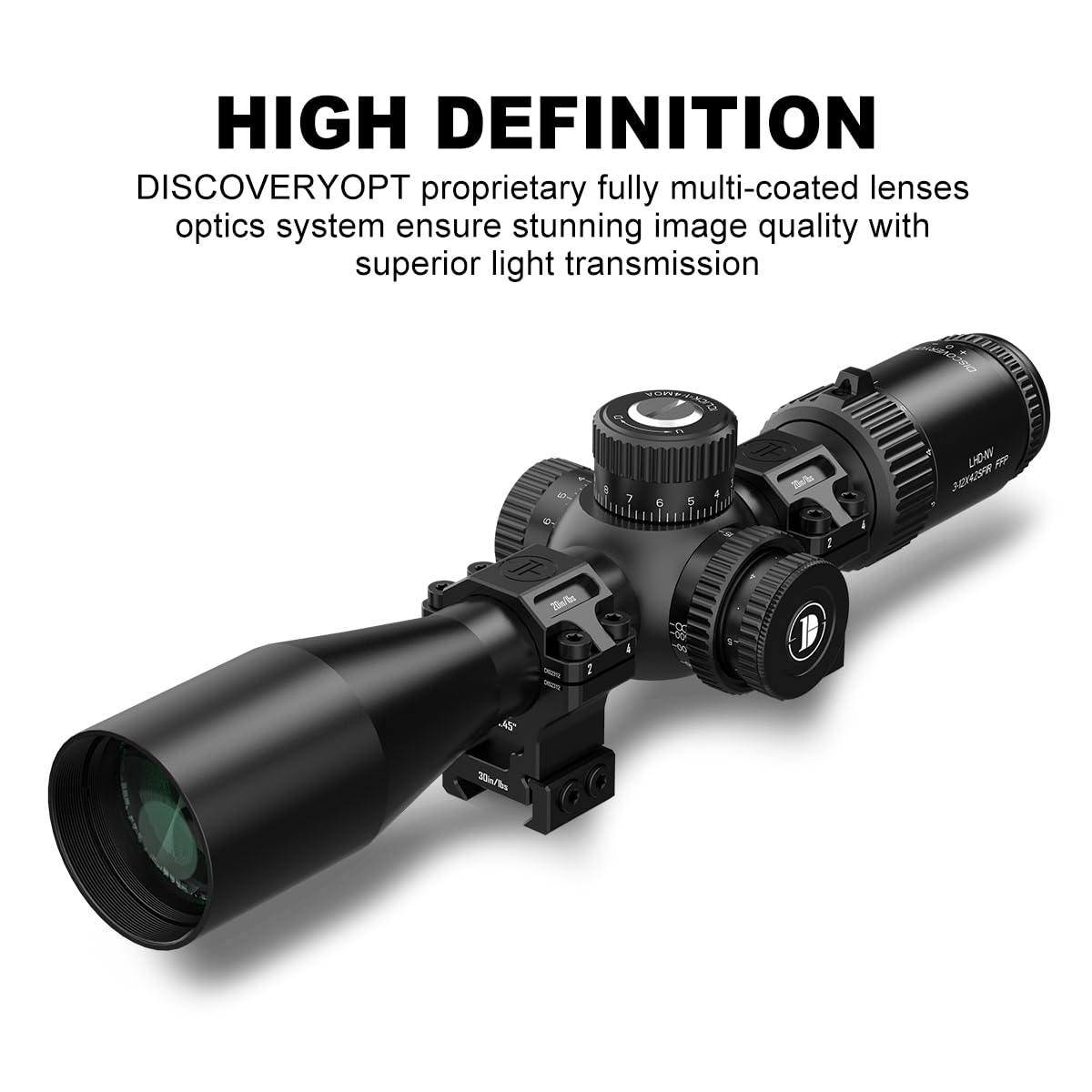 DISCOVERYOPT Mira telescópica LHD 3-12X42 FFP, óptica compacta y Liviana, Primer Plano Focal, 1/4 Moa, retícula iluminada roja de Seis Niveles, para Aventuras al Aire Libre con Tubo de 30 mm