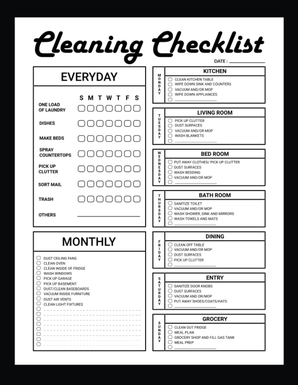 Cleaning Checklist: Daily Weekly and Monthly Cleaning Schedule Checklist Planner | Cleaning Planner Checklist | Household Chores with Check Lists | ... Planner and Organizer (Home Cleaning Planner) Paperback – 14 Nov. 2021