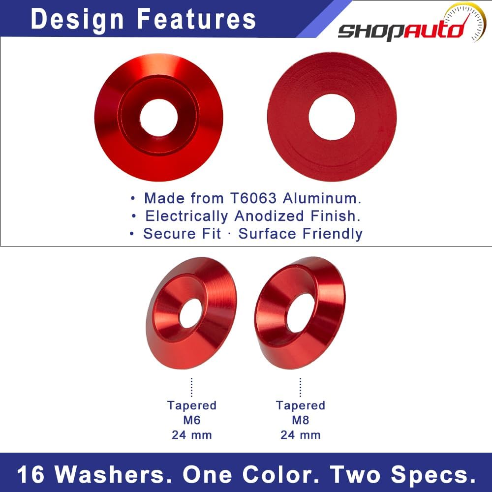 Anodized Aluminum Tapered Washer 24mm OD 16-Set Hardware Kit – M6 & M8 Dual-Fit for Cars, Pickups, Trucks, ATV/UTV Application (Red)