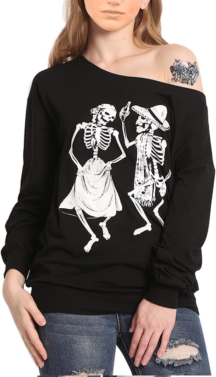 LuFeng Women's Christmas Halloween Off Shoulder Skeleton Printing Funny T-Shirt Long Sleeve Sweatshirts Pullover Tops