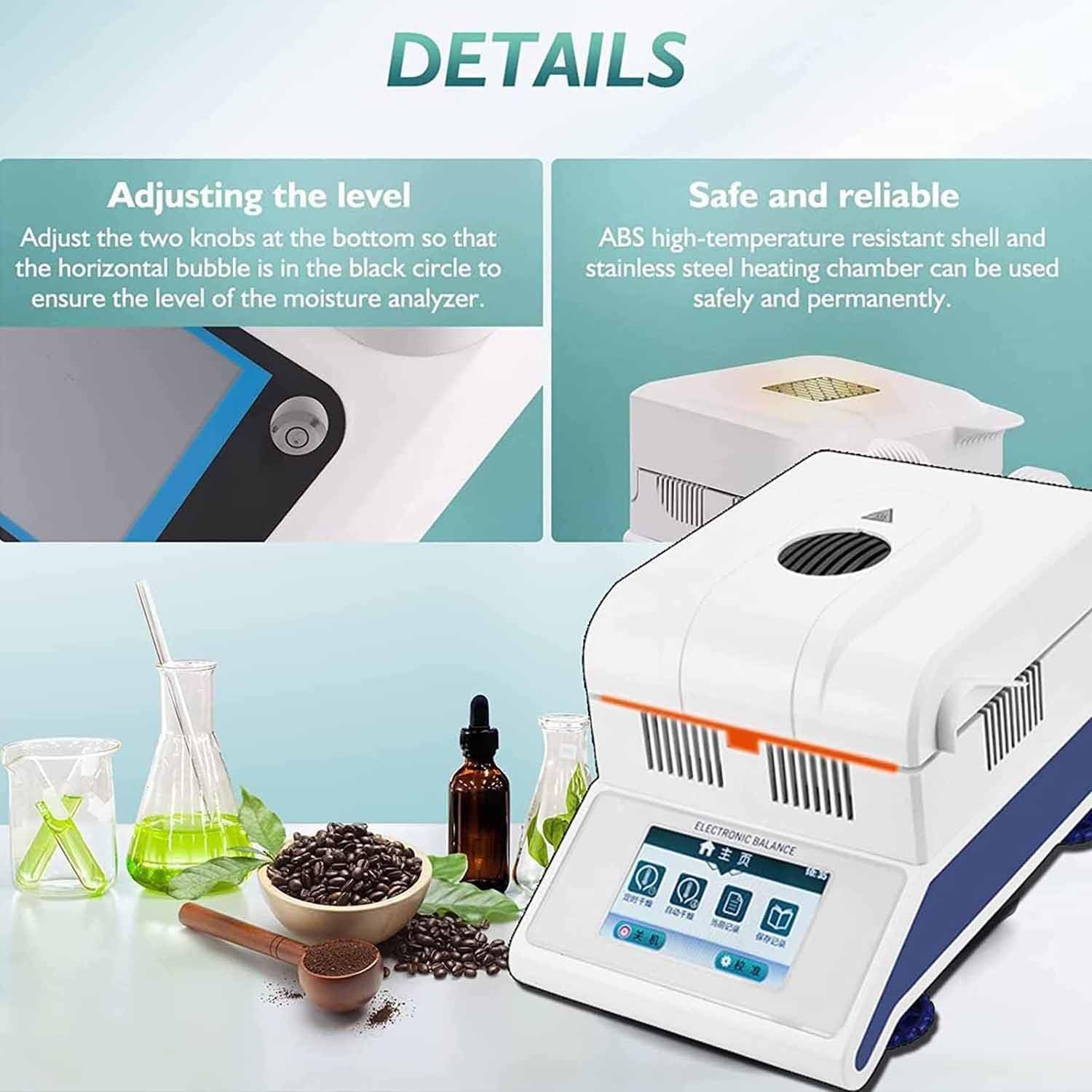 Analizador de humedad de laboratorio, medidor de humedad rápido con pantalla táctil digital, medidor de humedad halógeno de 50 g/0,001 g, para polvos, hierbas, té, carne y alimentos. 50g/0.001g