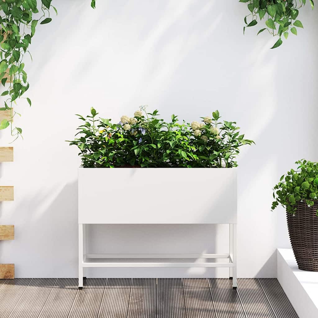 Fioriera rialzata da giardino in acciaio bianco, rettangolare, per giardino, terrazza ed esterni, robusta fioriera per fiori ed erbe, 60 x 26 x 48 cm