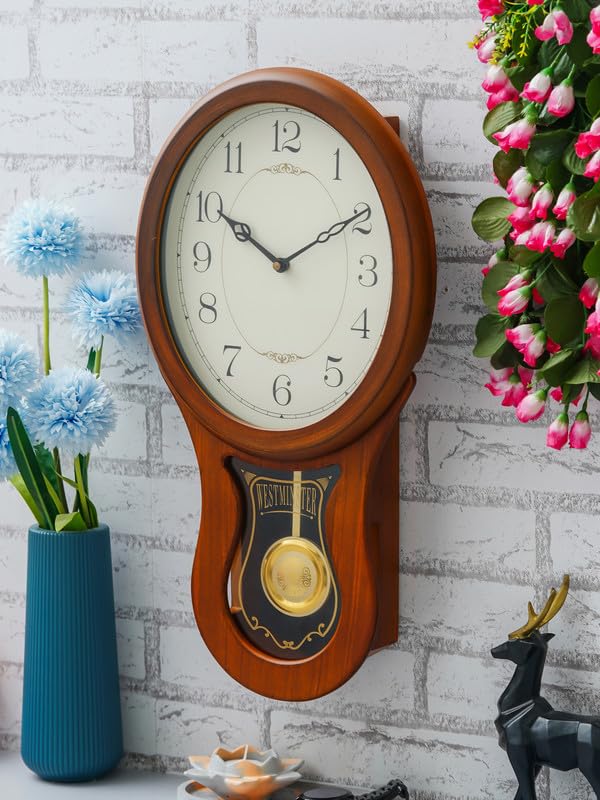 Image of CHRONIKLE Decorative Vertical Musical Wooden English Numbers Pendulum Chime Wall Clock for Living Room Home Decorations Office Gifts (Size: 28 x 8 x 55 CM | Weight: 2090 Gram | Color: Brown)
