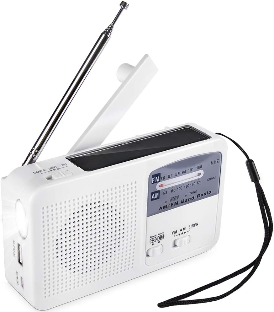 Radio de Emergencia portátil Solar Dynamo Power Recargable Manivela FM/Am Radio Reproductor de MP3 inalámbrico LED Linterna Sirena Cargador de teléfono móvil portátil Banco de energía
