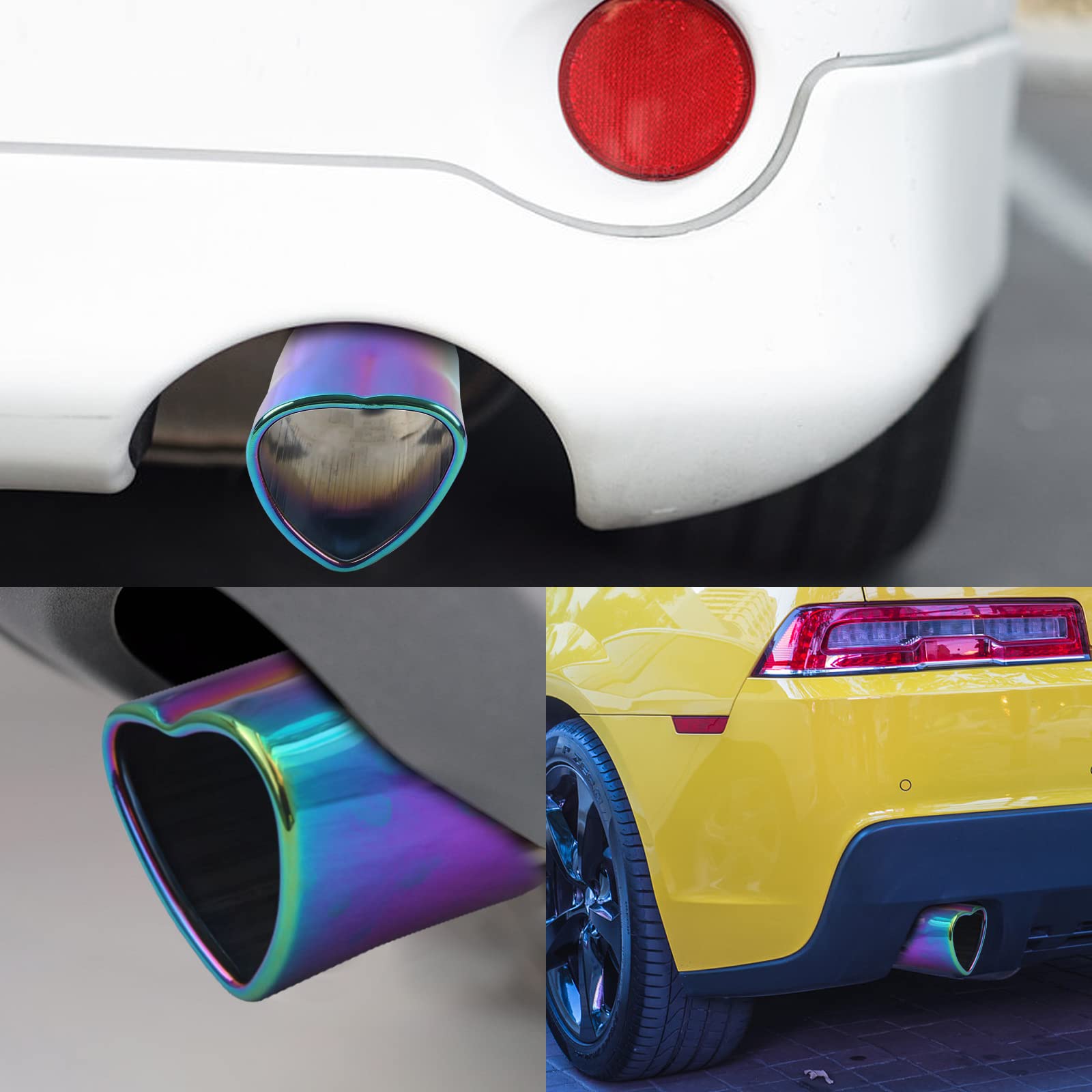 Embouts d'échappement de voiture en forme de cœur universels en acier inoxydable - Couleur arc-en-ciel - Embout d'échappement droit - Entrée de 2,48 pouces - Convient à la plupart des voitures