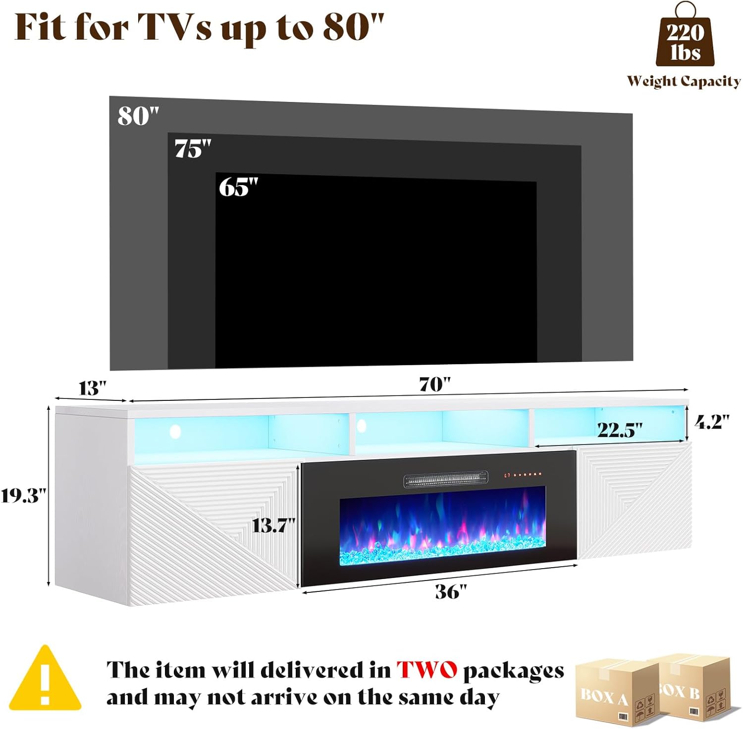 AMERLIFE 70in Floating Fireplace TV Stand with 36" Electric Fireplace and LED Lights, Wall Mounted Entertainment Center with Storage, Modern Media Console for TVs Up to 90", White/Black