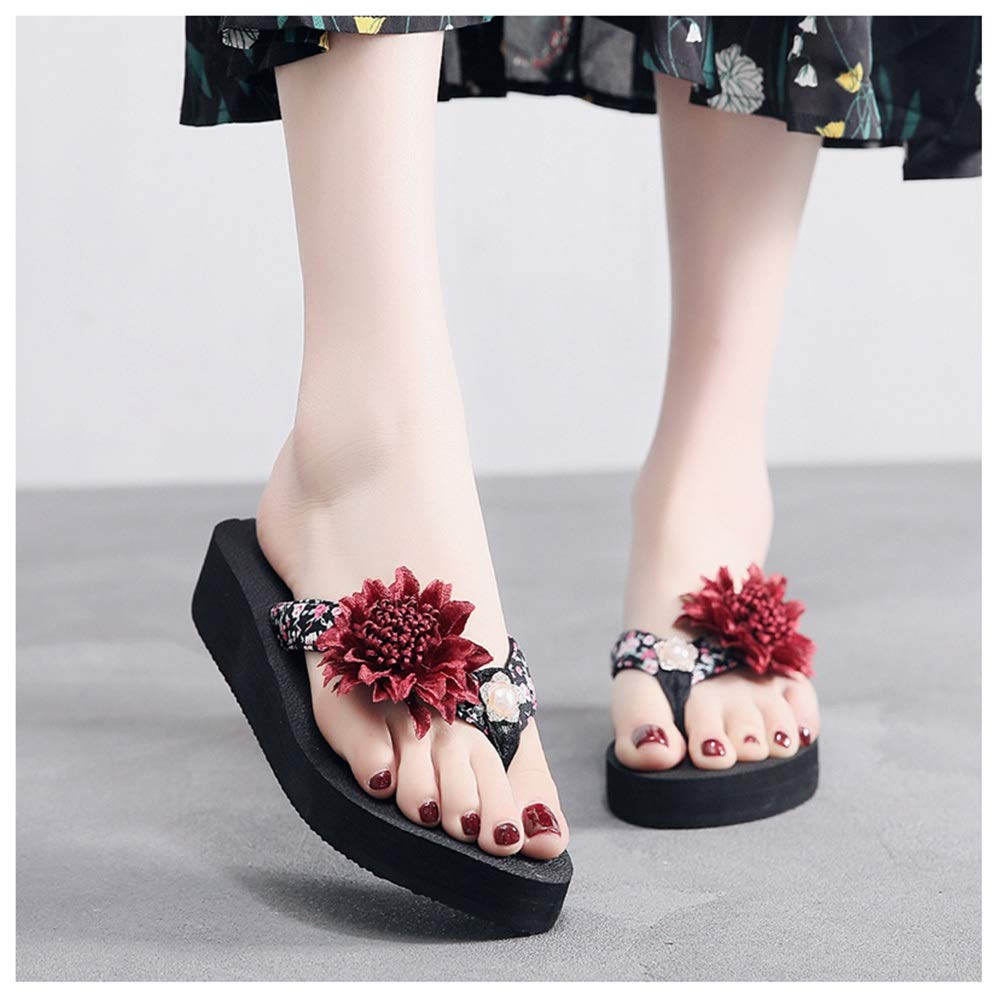 ZHIZI flip flop Ladies Slippers, Flat T-shaped Open Toe Flip Flop Sandals Decorated With Flowers (Color : F, Size : 41)