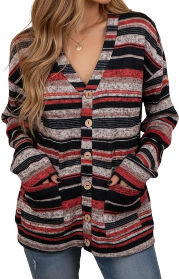 Womens V-Neck Striped Color Block Cardigan Long Sleeve Button Down Knit Sweater Fall Casual Wear for Women