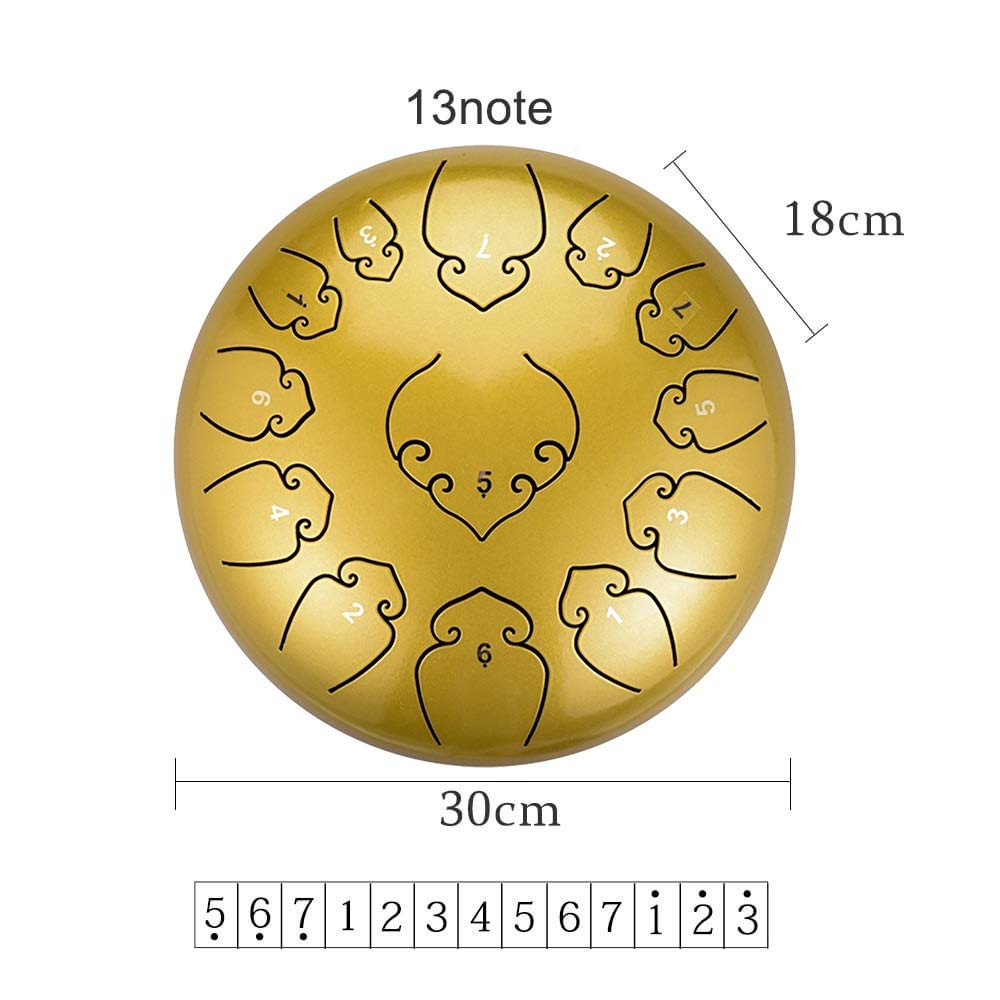 12-calowy 13 Notatki Drum Stalowy, C Kluczowy Instrument Perkusyjny Z Kijami, Zestawami Palcem, Torbą Do Przenoszenia I Samouczek Angielski, Do Medytacji, Terapii Muzycznej (Color : Gold)