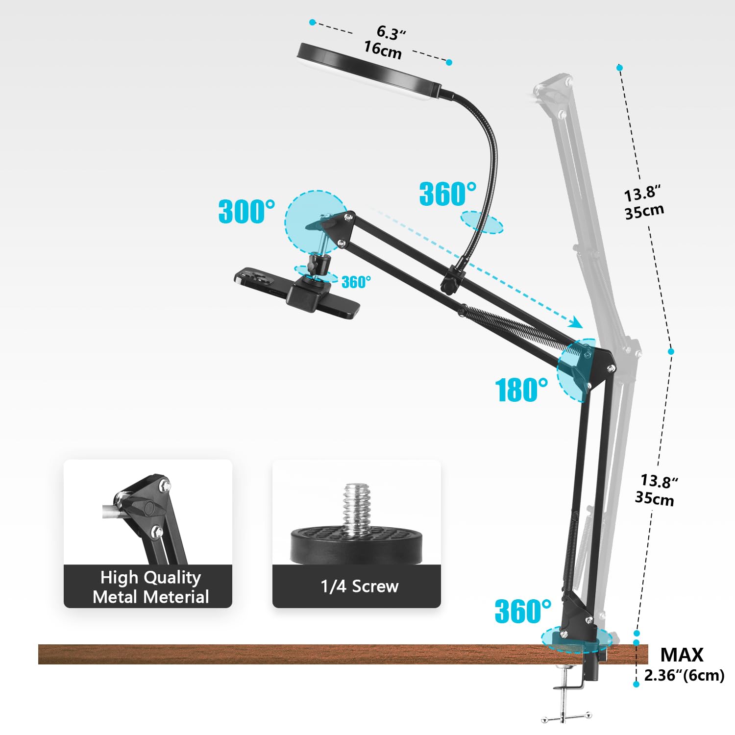 Luce ad anello LED da 15,2 cm per scrivania, supporto per fotocamera con anello luminoso e supporto per telefono, supporto per telefono con luci da studio per fotografia, registrazione