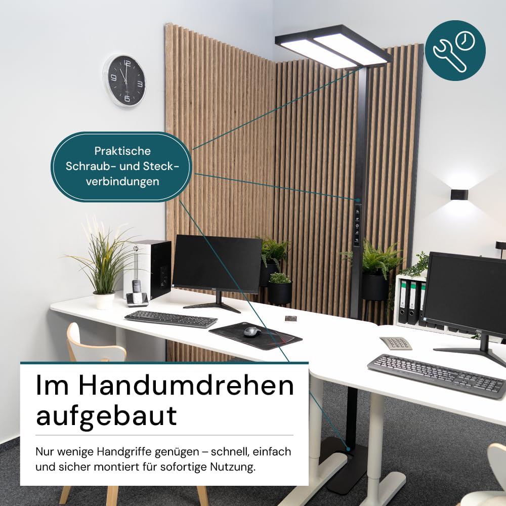 LUXULA LED Büro Stehlampe DUO, dimmbar, CRI>98 Vollspektrum, UGR<16 blendfrei, RG0 Blaulichtfilter, 4000K Neutralweiß, 120W, 8500 lm, schwarz - Arbeitsplatz Stehleuchte Deckenfluter