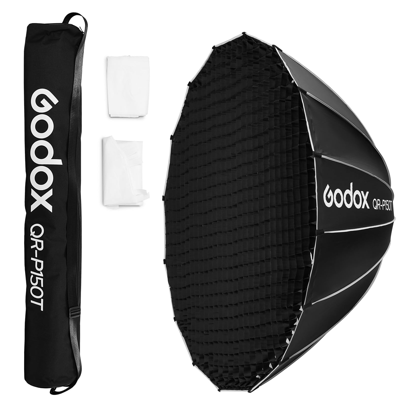 Godox QR-P150T Boîte à lumière parabolique à libération rapide avec grille en nid d'abeille, support Bowen avec diffuseur avant et intérieur sac de transport pour Godox MS300 MS300-V SK400II QT600III