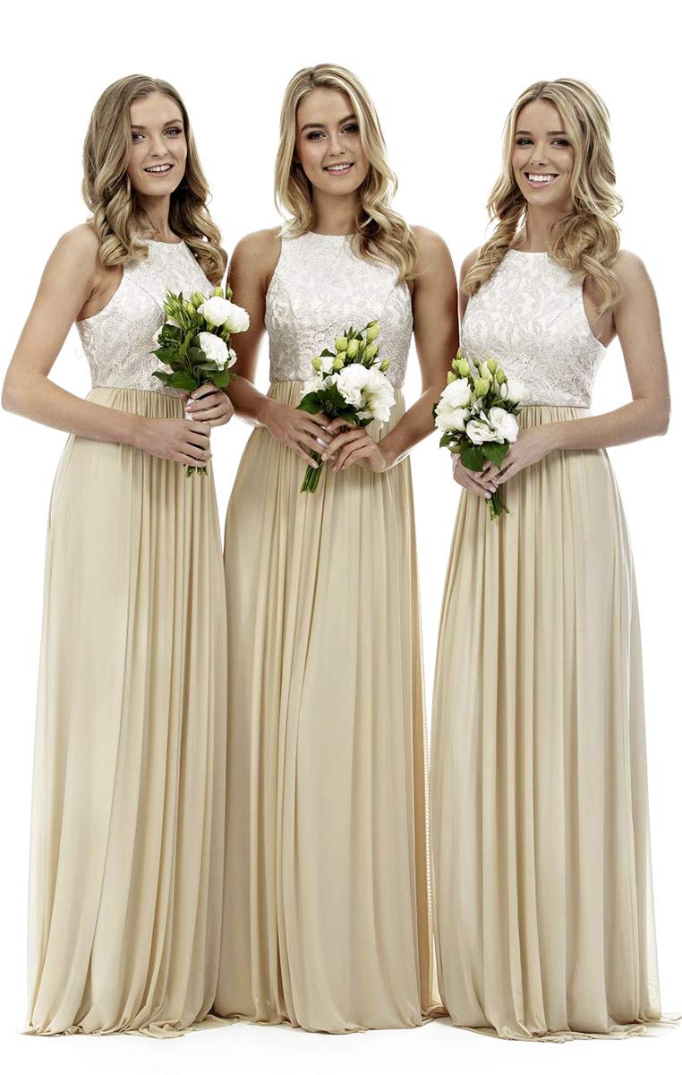 Lecureler Women's Champagne Long Lace Prom Bridesmaid Dress Size 12