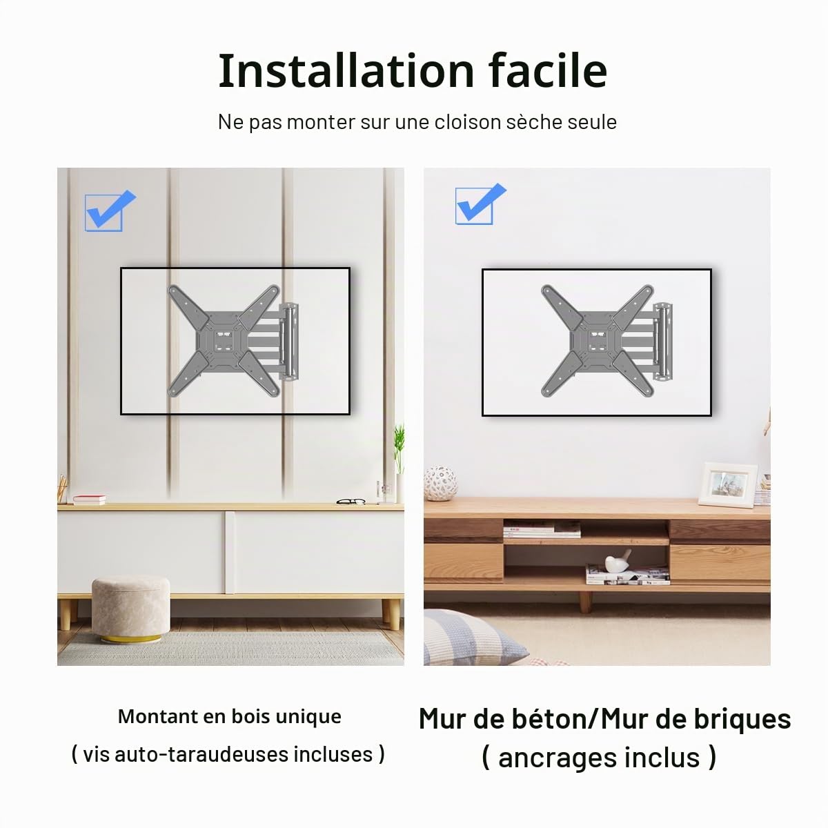 suptek Support Mural TV avec Bras d'extension de 1020 mm pour Téléviseurs 26-65 Pouces jusqu'à 40 kg, Support TV Mural d'angle, VESA Max 400x400 mm, Pivotant et Inclinable A1L