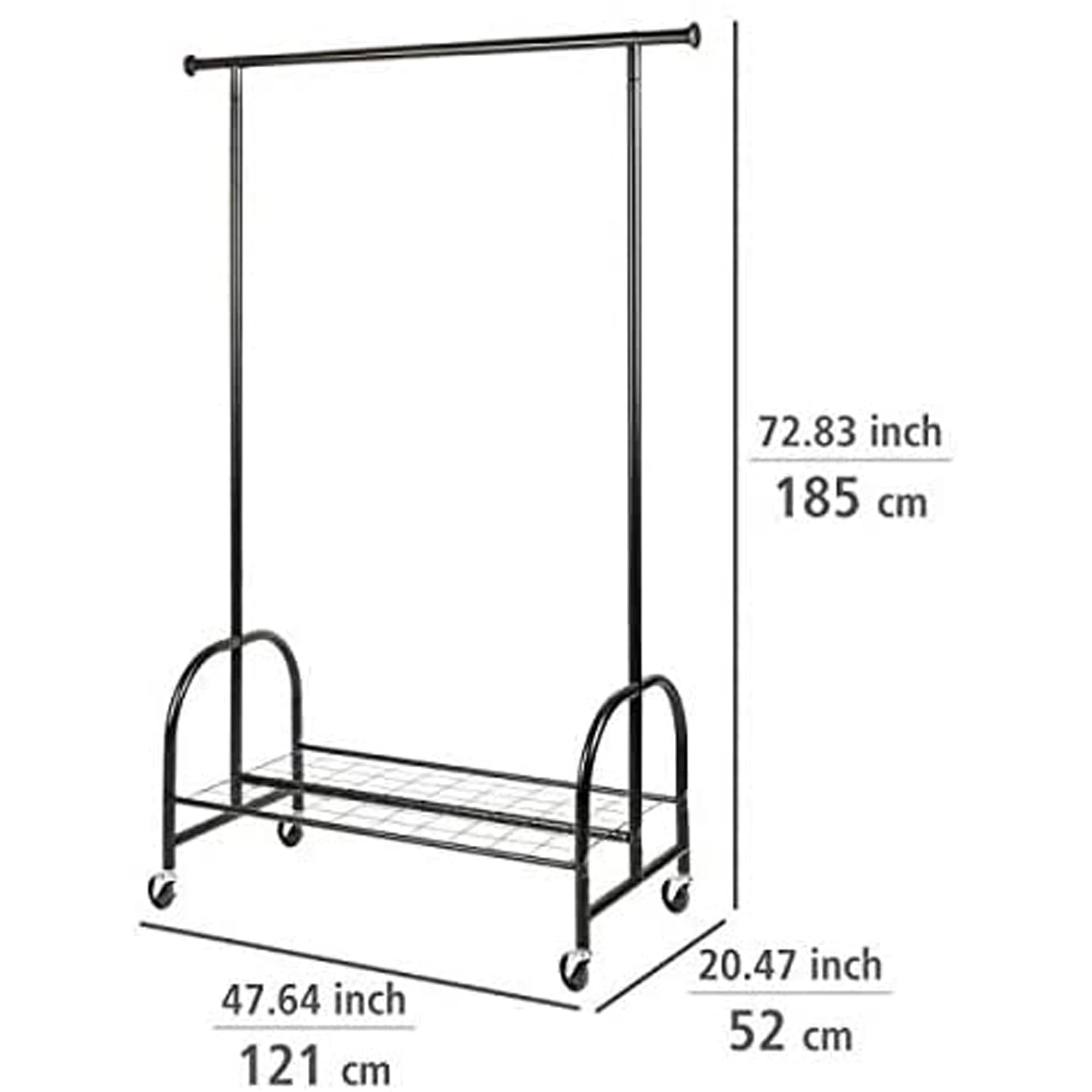 WENKO Profesjonalny wieszak na ubrania, czarny, wieszak na ubrania, do wietrzenia i transportu, 4 kółka i półki, malowany proszkowo metal, 121 x 185 x 52 cm, obciążenie do 100 kg