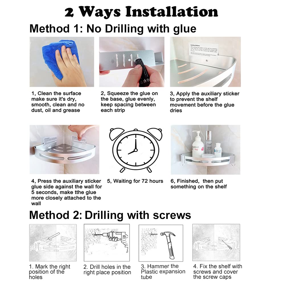Estantes de Esquina de baño sin Taladro con Ganchos extraíbles Almacenamiento de Carrito de Ducha Adhesivo de Aluminio (Esquina)