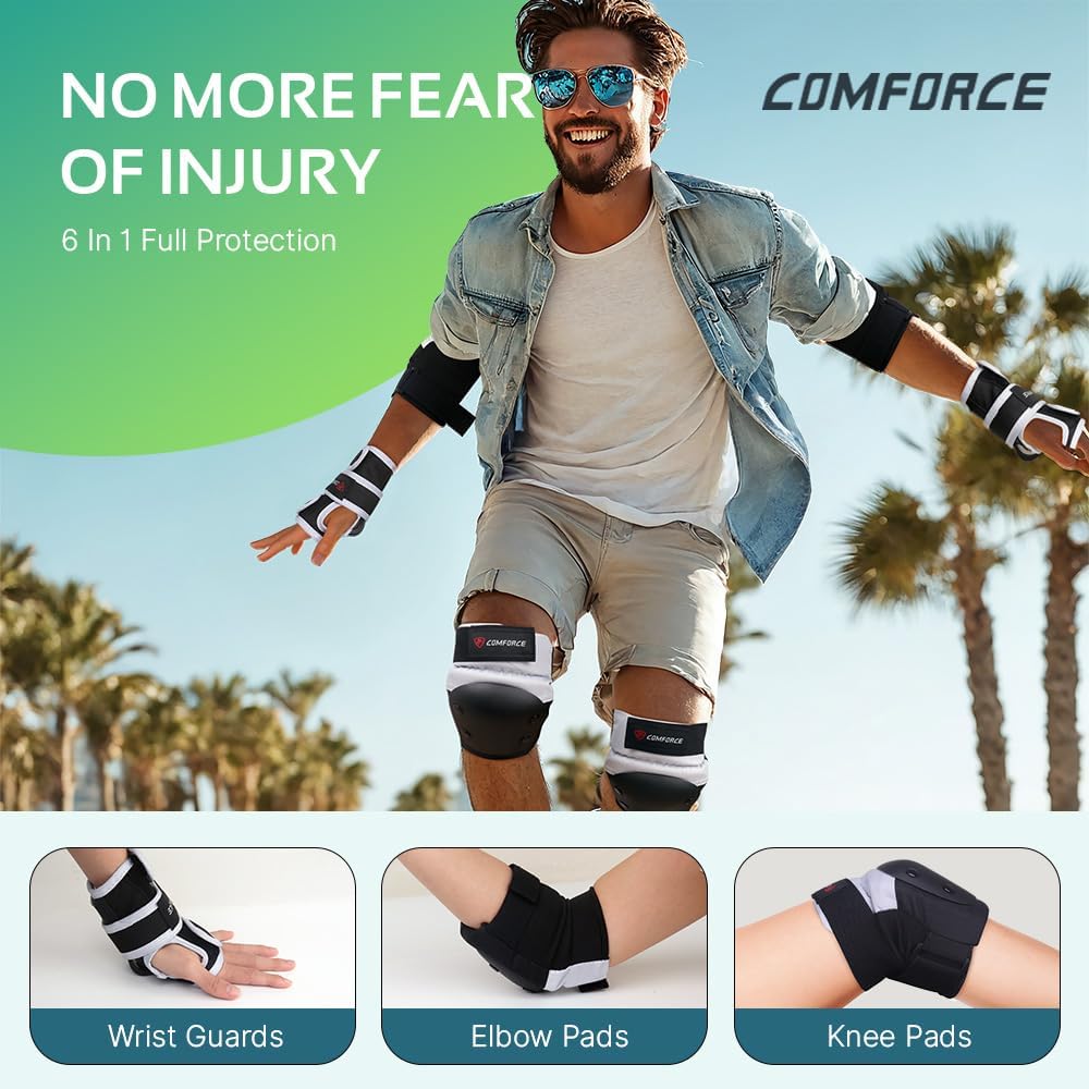 Ginocchiere per adulti, gomitiere e polsiere, 6 in 1, set di protezioni per pattinaggio a rotelle, ginocchiere, gomiti, polsi, per pattinaggio, scooter, pattinaggio, skateboard, per adulti