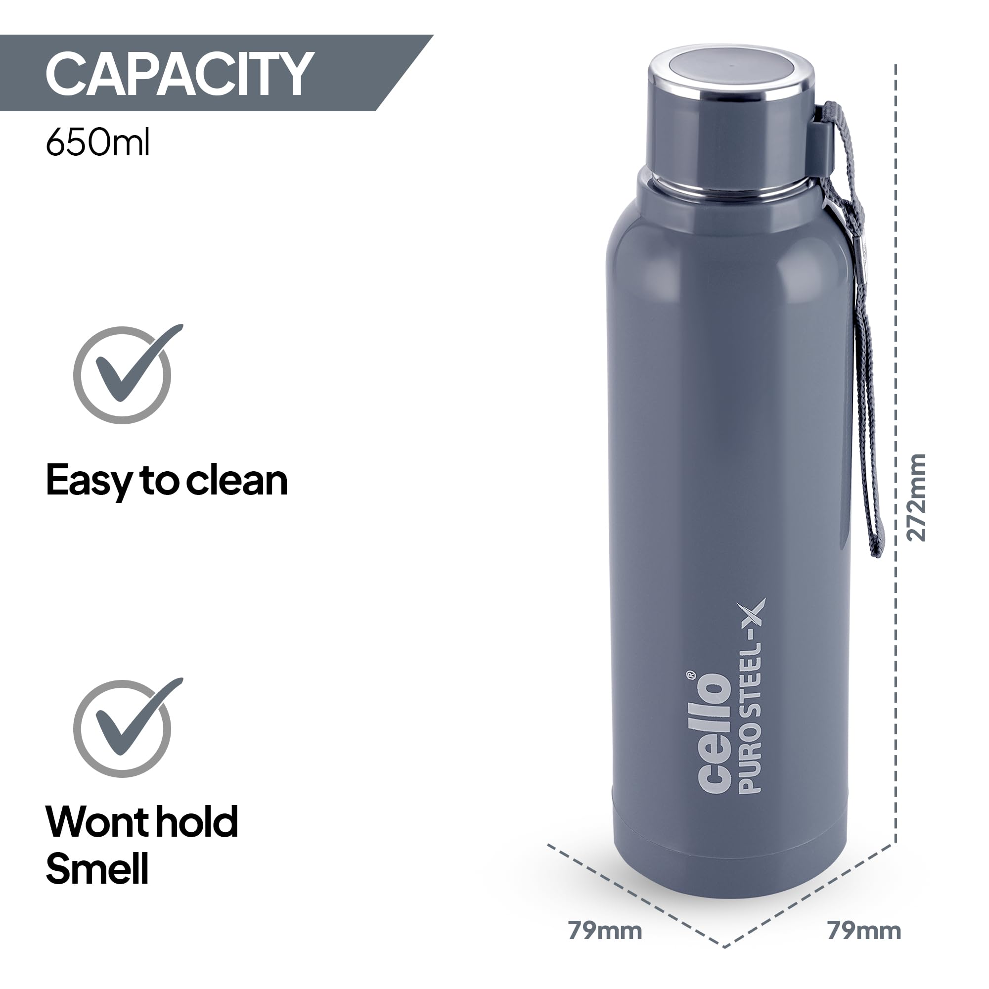 Cello Puro Steel-X Benz 900 PU Insulated Water Bottle 900 ml, Grey | BPA Free, Leakproof, ISI Certified |Hot & Cold Bottle for Gym, Office, College, Travel, Camping, Indoor & Outdoor Sports & Yoga 4