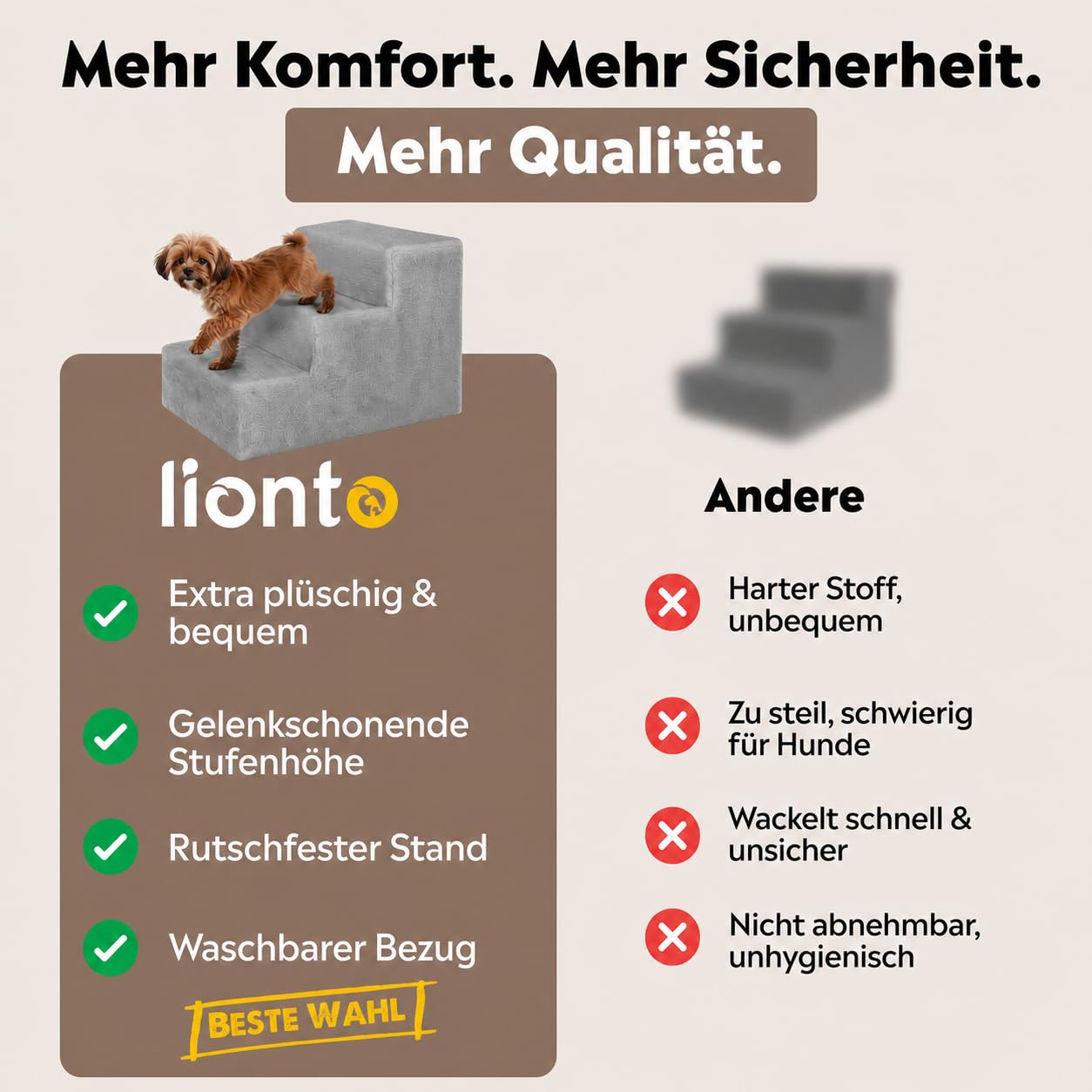 lionto Haustiertreppe mit Plüschbezug, 46x36x34 cm, robuste Hundetreppe mit niedriger Stufenhöhe von 10cm, gelenkschonend, Bezug abnehmbar & waschbar, Treppe ist bis 50 kg belastbar, hellgrau