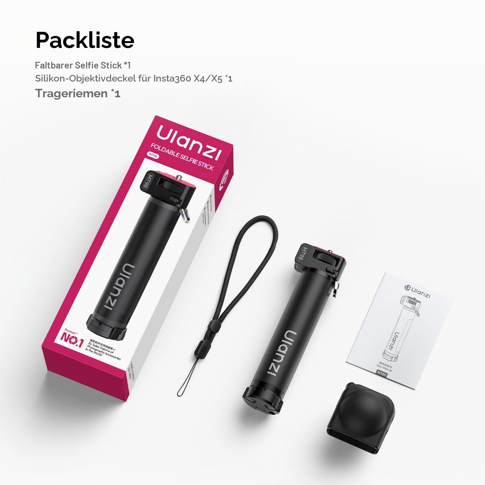 Ulanzi MT98 Selfie Stick Stativ kompatibel mit Insta360 X4/X5/X3/Ace Pro/ONE X2, Faltbarer Action Kamera stativ für DJI Osmo Pocket 3 4; 1/4" Zoll Handheld Pole Stick; 57cm Unsichtbarer Selfie-Stick