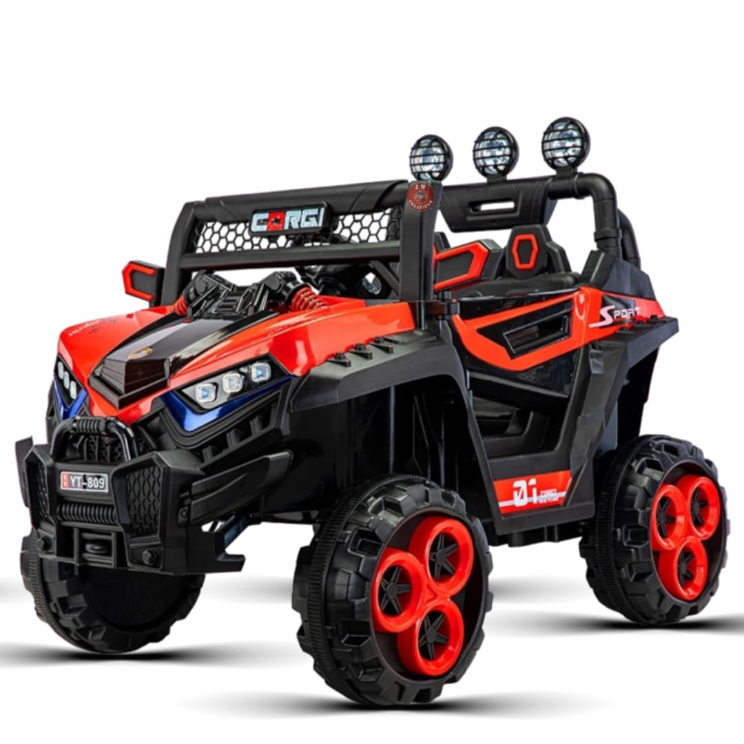 JN Creations 12V Battery Operated Ride-On Jeep for Kids with Remote Control and Storage Box (Red)