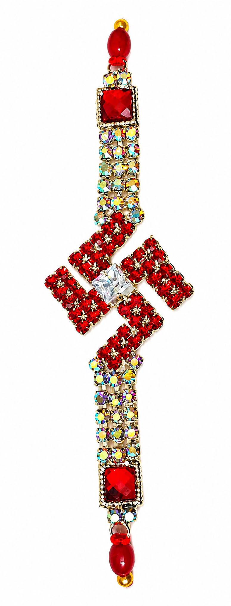 Swastik Rakhi with Red and Aurora Rhinestone Crystal Beads | Swastika Symbol Design, Gold-Tone Metal Base, Multicolour Crystals, Raksha Bandhan, Decorative Beads-picture-27