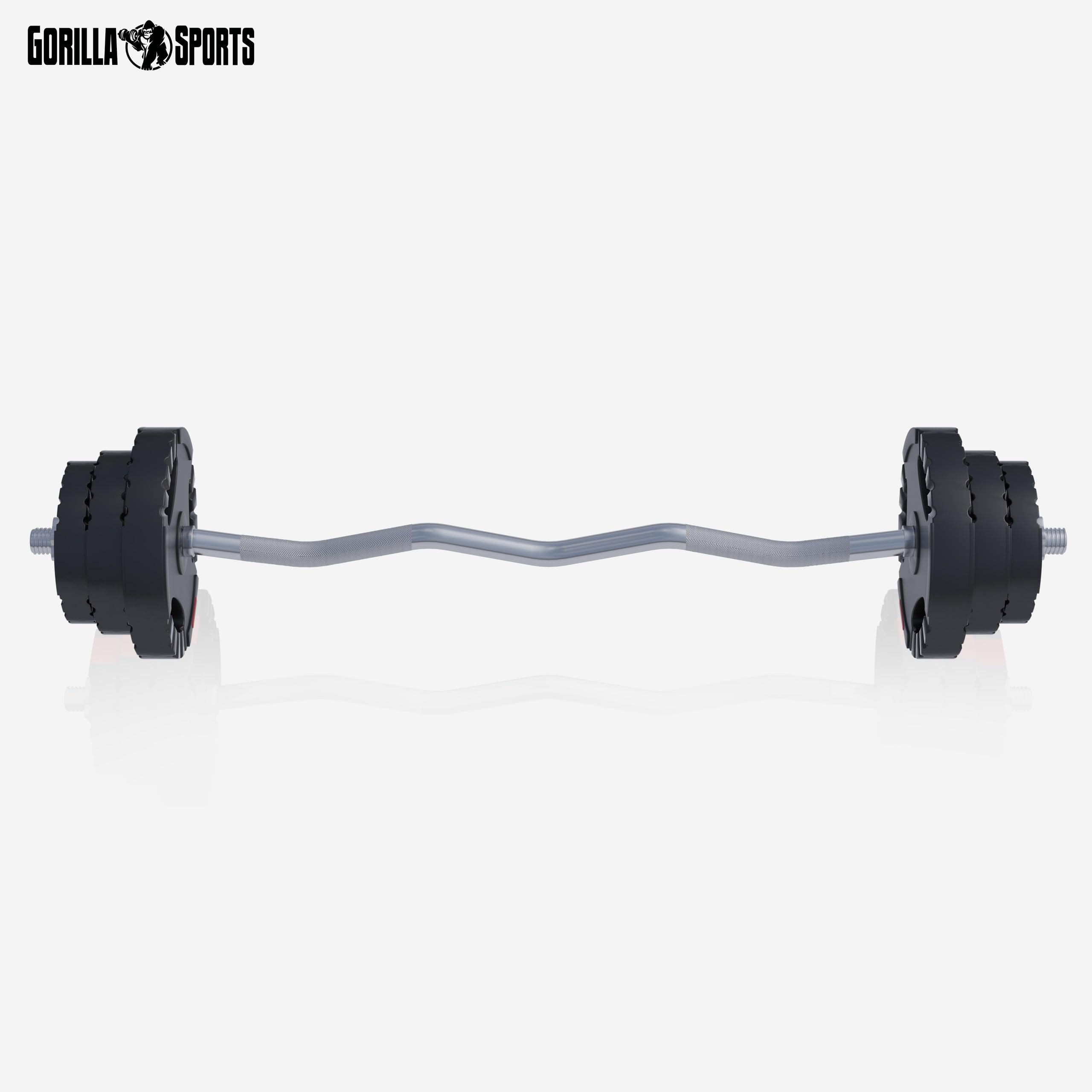 GORILLA SPORTS® Set Bilanciere con Pesi – 25kg, Barra Curva EZ 120cm, Ø 30/31mm, Dischi Rivestiti in Plastica, Collari Spinlock – Bilanciere Curl, Dischi Pesi, Palestra da Casa, Fitness, Allenamento
