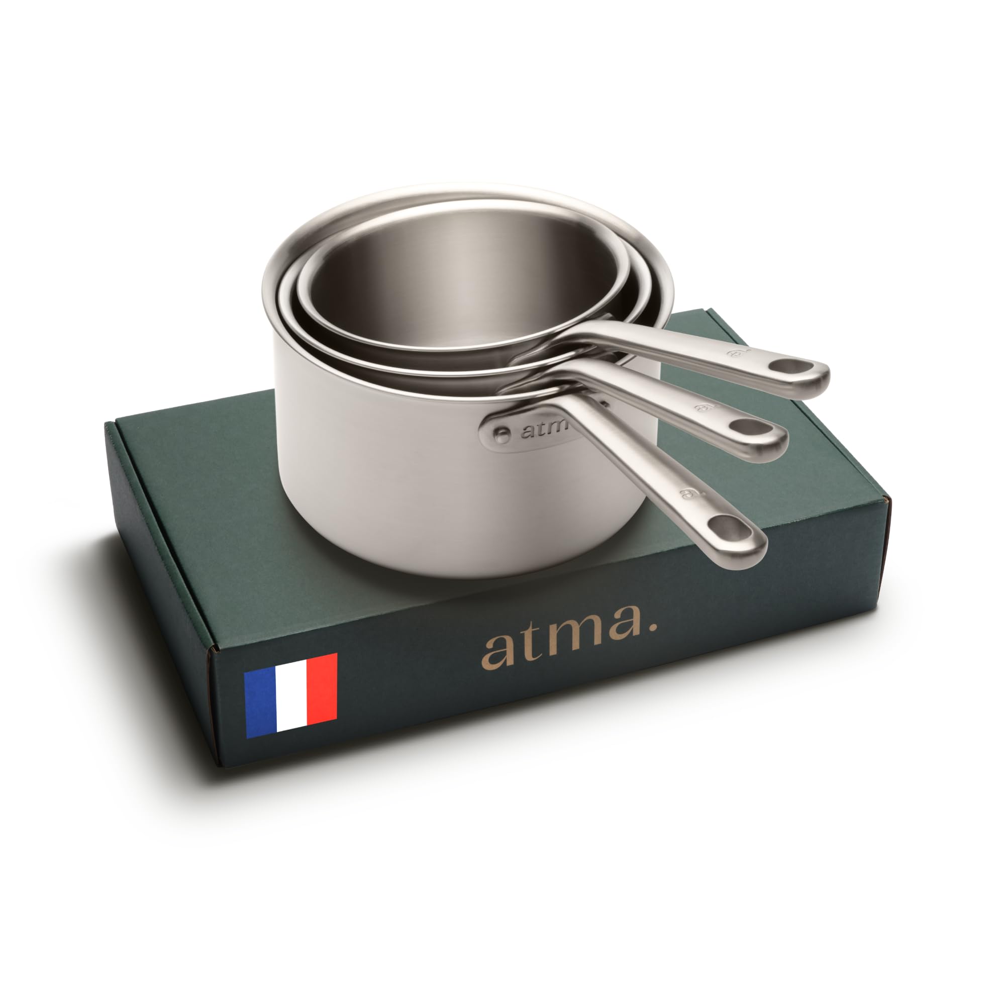 Atma – Lot de 3 Casseroles Inox 3 Plis avec Couvercles (16, 18, 20 cm) – Cuisson Homogène – Sans PFAS, PFOA, PTFE – Graduation, Bords Verseurs – Tous Feux Dont Induction – Fabriqué en France