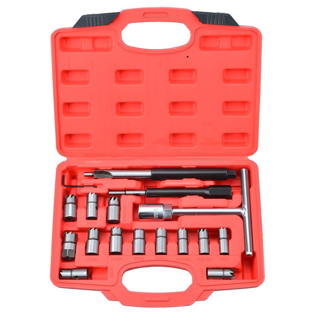 Prokomon 17 pcs Diesel Injector Seat Cutter Cleaner Tool Flat Reamer Repair Removal Tool Compatible for BMW Mercedes-Benz Renault Ford