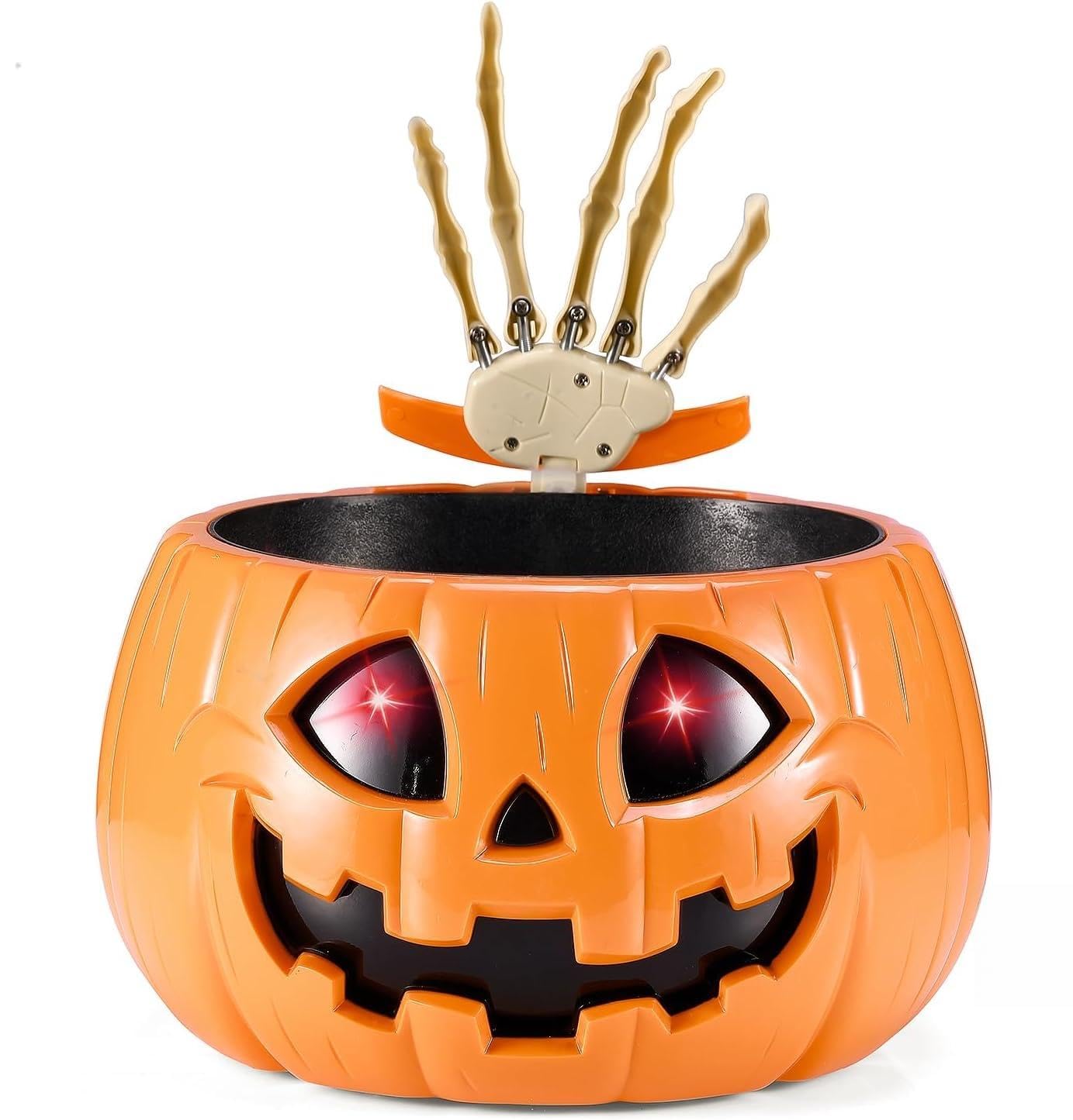 Halloween Candy Bowl, Motion Activated Animated Pumpkin Holder with Moving Skeleton Hand, Creepy Sound, Light Up LED Red Eyes, Large Resin Spooky Prank Prop, for Indoor Outdoor Porch Party Decor
