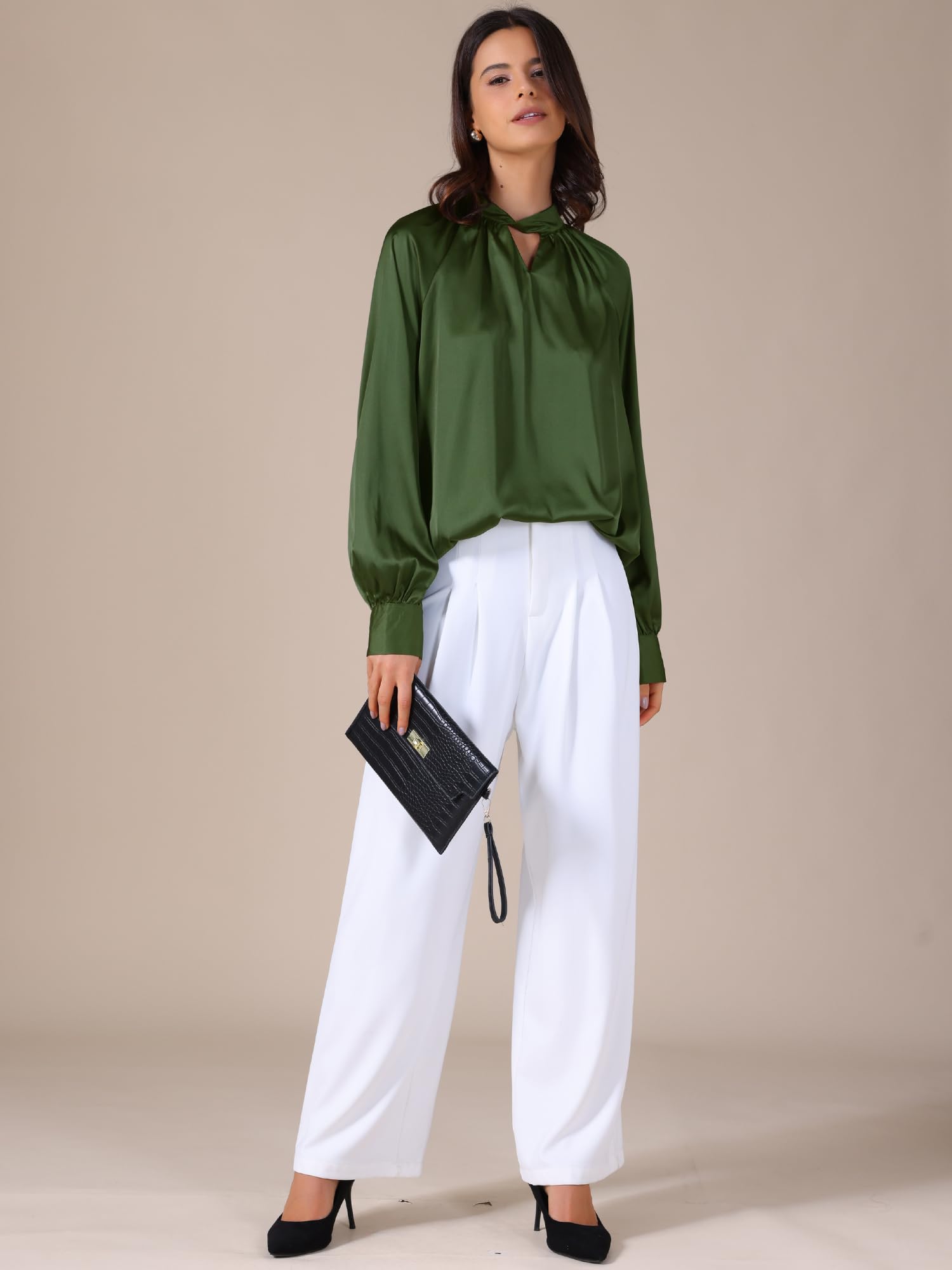 Allegra K Chemisier en satin plissé à manches longues en soie pour femme