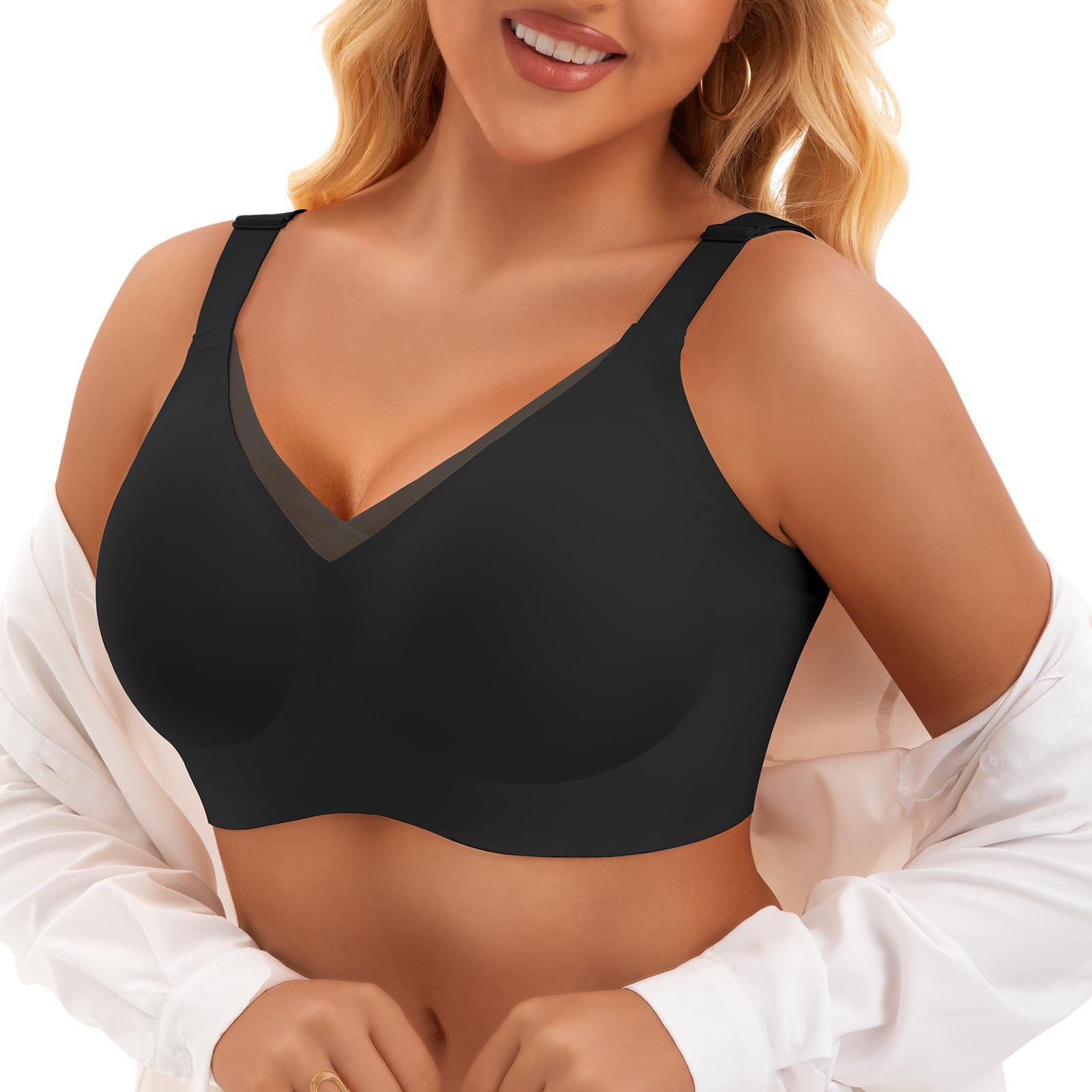 PoseFree Womens Wireless Bras Supportive Tshirt Bra No Underwire Seamless Push Up V Mesh Comfortable Bralette Everyday Bras