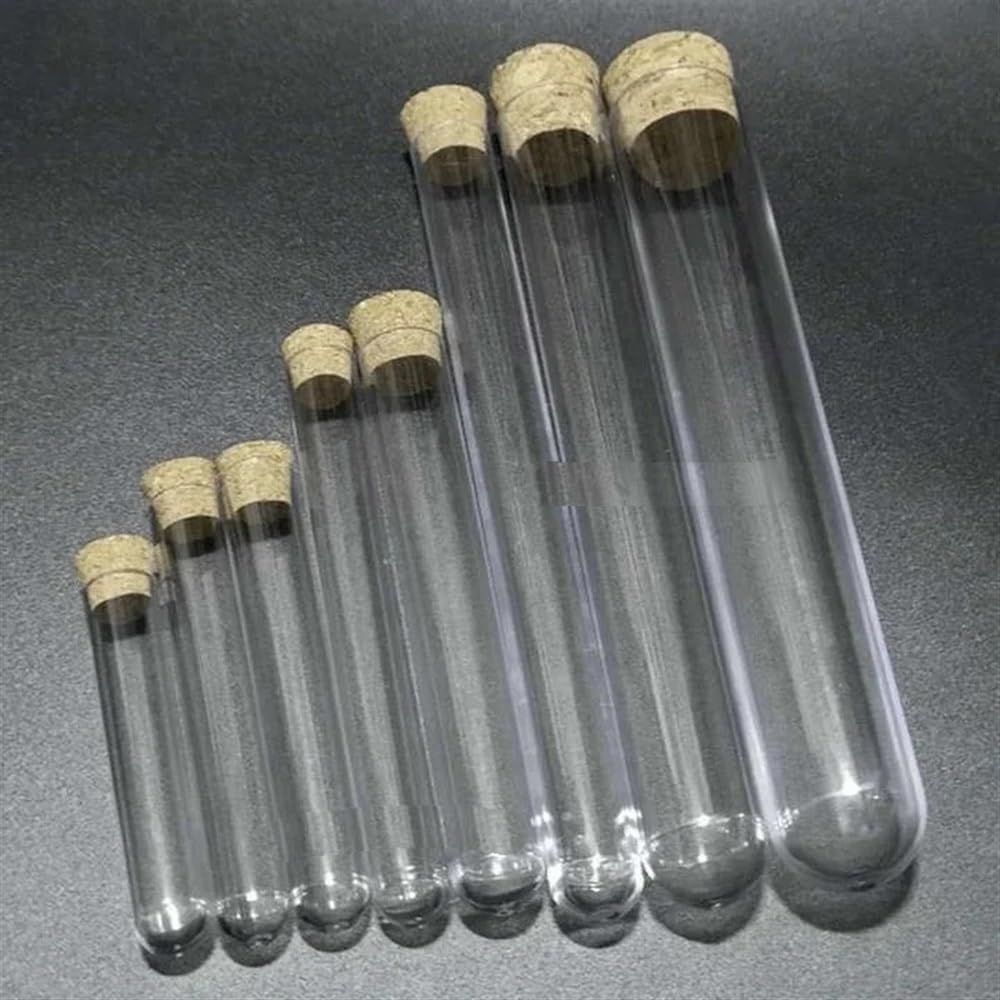 Yinxi 50 Uds. Tubos de ensayo de plástico Duro con tapón de Corcho para experimentos, diámetro de 12mm a 25mm, Longitud de 60mm a 150mm (Size : 20x150mm)