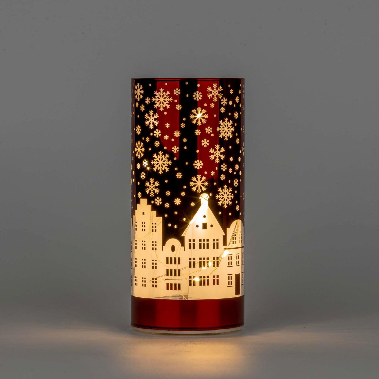 SHATCHI 17cm Christmas Decorated Vase Table Lamp Etched Glass Tube Xmas Red Cylinder LED Fairy Lights Battery Operated Table Decoration