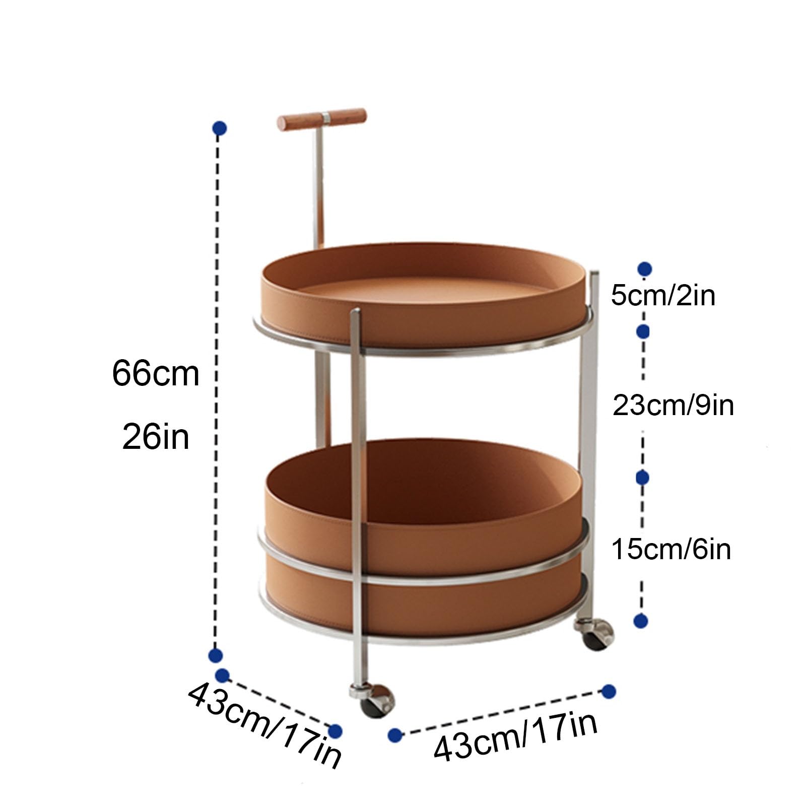 Mesa Auxiliar Redonda de 2 Niveles, Mesa de Centro para sofá con asa y Ruedas, Acabado en Cuero Color Silla de Montar, mesita de Noche, para Sala de Estar o Dormitorio (marrón).