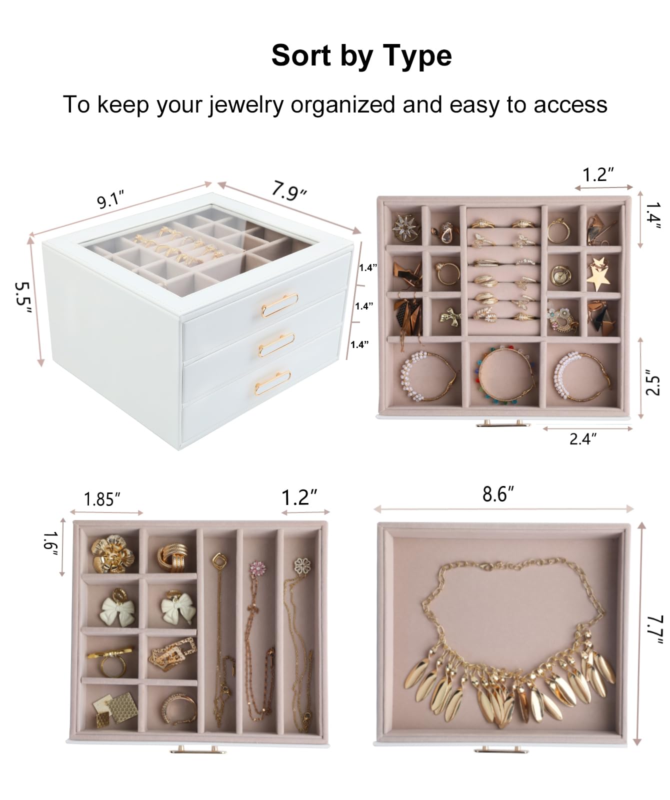 ASINGYER Joyero con tapas de cristal, organizador de joyas de 3 capas con 3 cajones para almacenamiento de collares, aretes y pulseras, cajas de joyería y organizadores para mujer (blanco)