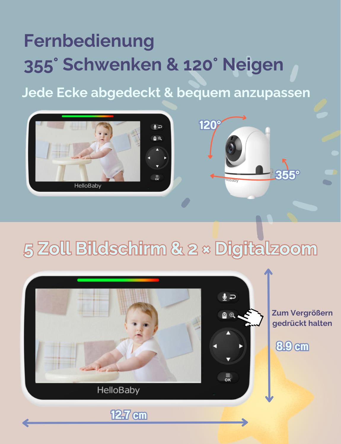 HelloBaby Babyphone mit Kamera 5 Zoll 3500 mAh 355° Schwenken 120° Neige Zoomen HB6550