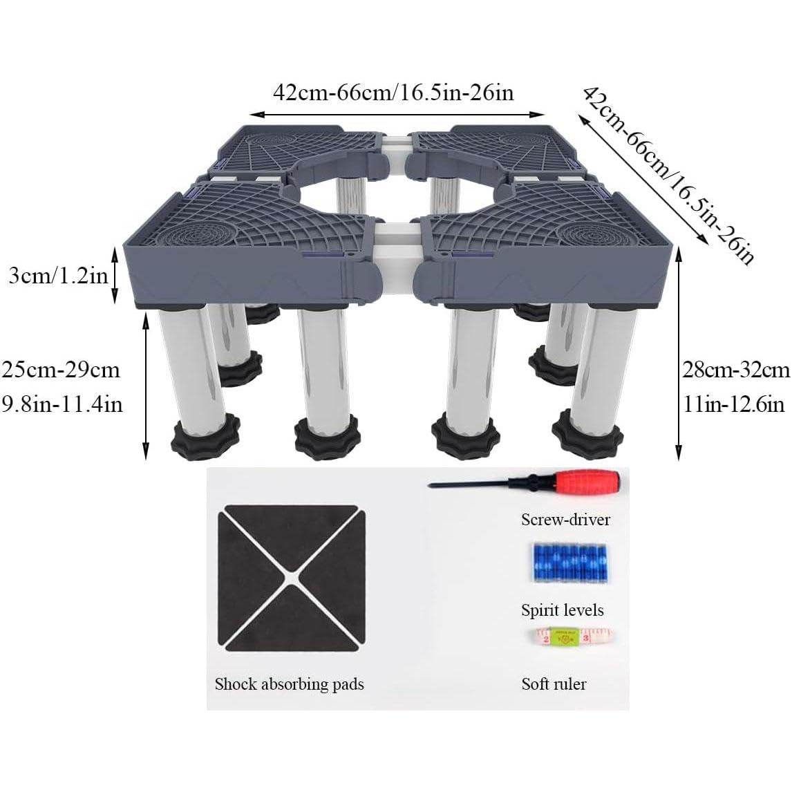 Soporte Lavadora función antivibración Base Lavadora Frenos Ajustables, Ajustable en tamaño, para lavadoras y secadoras apiladas de 42-69 cm, Carga de 400 kg,12 Legs-28cm-32cm