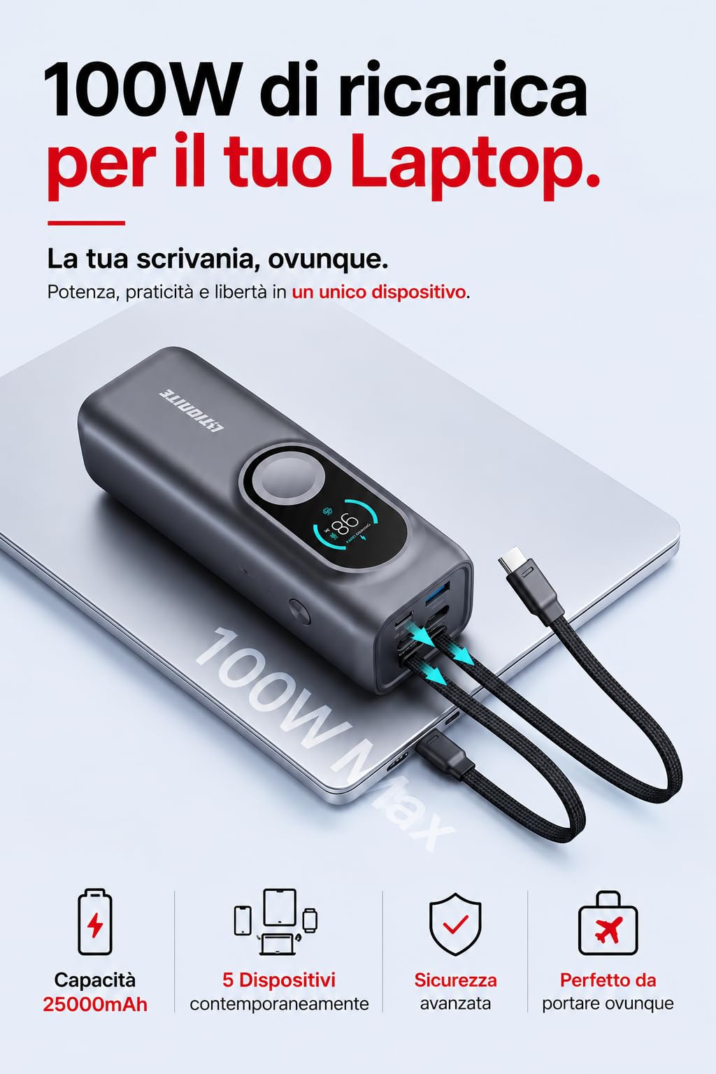 LITIONITE Numo Power Bank 25000mAh 170W con Cavi USB-C Integrati (100W), Ricarica Magnetica compatibile con Apple Watch, Caricatore Portatile per PC portatile e MacBook, iPhone, iPad e Nintendo Switch