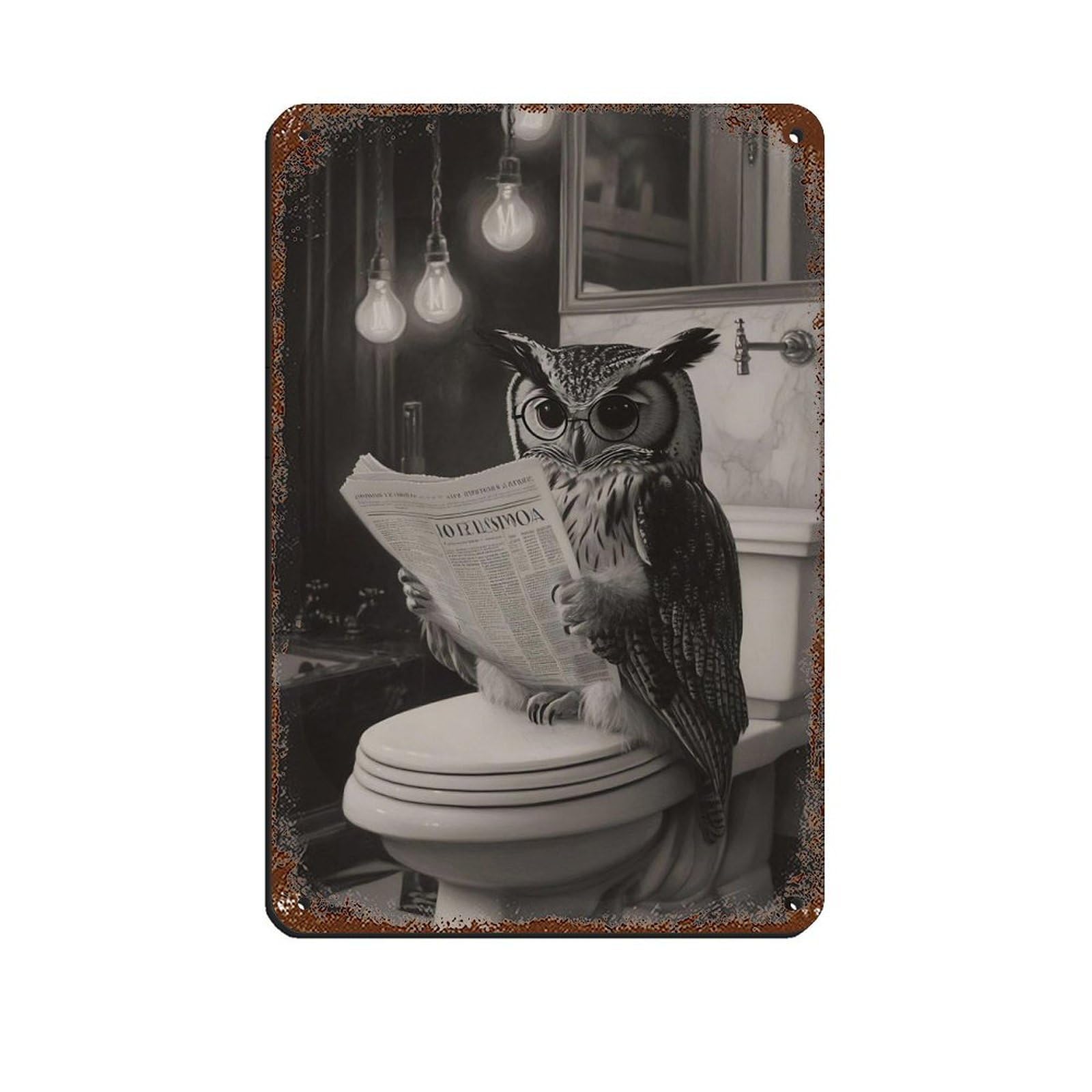 Owl Reading Newspaper Unique Bathroom Tin Sign Vintage Metal Pub Club Cafe Bar Home Wall Art Decoration Poster Retro 8x12inch(20x30cm)